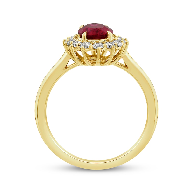 Main Image 3 of KAY Lab-Grown Diamonds Oval-Cut Lab-Created Ruby Starburst Frame Ring 1/2 ct tw 14K Yellow Gold
