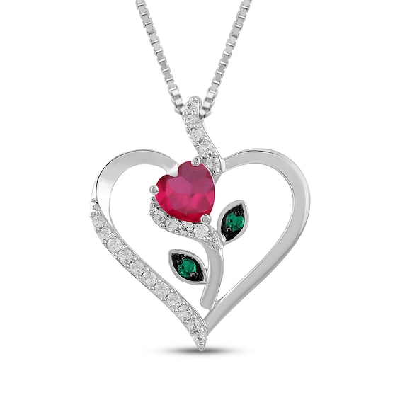Heart-Shaped Lab-Created Ruby, Lab-Created Emerald & White Lab-Created Sapphire Rose Necklace Sterling Silver 18"
