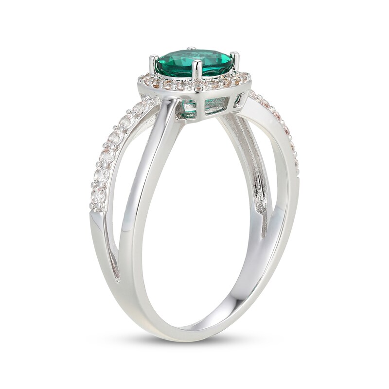 Main Image 2 of Lab-Created Emerald & White Lab-Created Sapphire Halo Split Shank Ring Sterling Silver