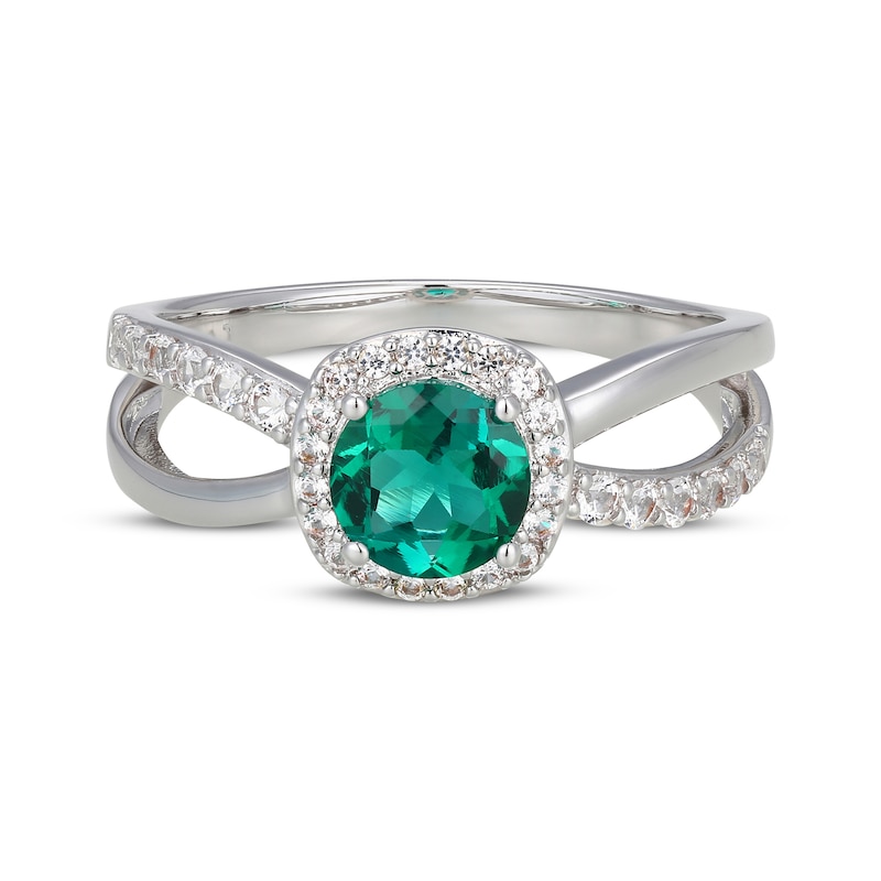 Main Image 3 of Lab-Created Emerald & White Lab-Created Sapphire Halo Split Shank Ring Sterling Silver