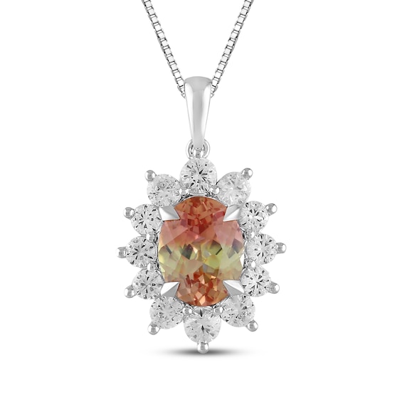 Oval-Cut Rainbow Lab-Created Sapphire & White Lab-Created Sapphire Starburst Halo Necklace Sterling Silver 18"