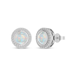 Lab-Created Opal & White Lab-Created Sapphire Halo Stud Earrings Sterling Silver