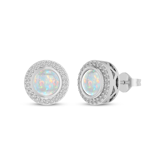 Lab-Created Opal & White Lab-Created Sapphire Halo Stud Earrings Sterling Silver