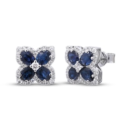 Oval-Cut Natural Blue Sapphire & Diamond Flower Stud Earrings 1/3 ct tw 10K White Gold