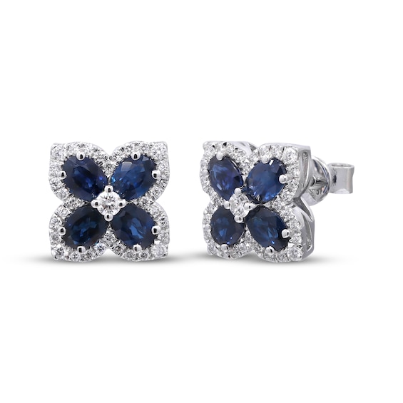 Oval-Cut Natural Blue Sapphire & Diamond Flower Stud Earrings 1/3 ct tw 10K White Gold