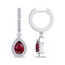Pear-Shaped Lab-Created Ruby & White Lab-Created Sapphire Hoop Drop Earrings Sterling Silver
