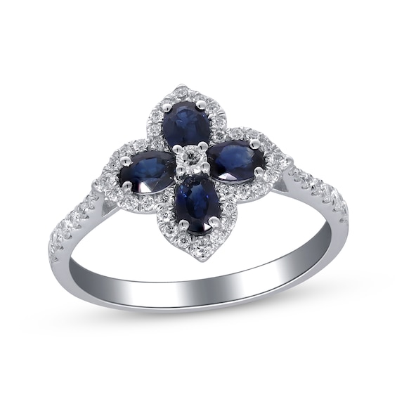 Oval-Cut Natural Blue Sapphire & Diamond Flower Ring 1/3 ct tw 10K White Gold
