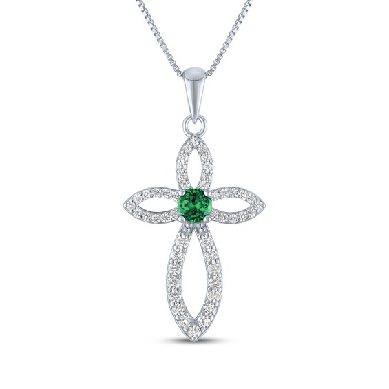 Lab-Created Emerald & White Lab-Created Sapphire Cross Necklace Sterling Silver 18"