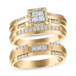 Adore His & Hers Princess-Cut Quad Diamond Three-Piece Bridal Set 1/2 ct tw 10K Yellow Gold