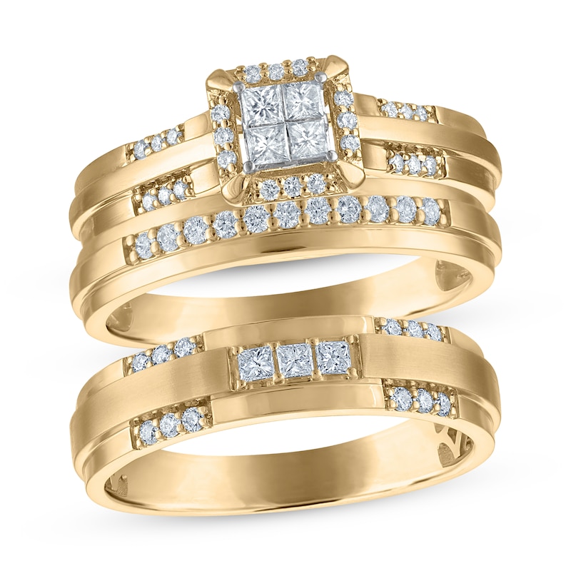 Main Image 1 of Adore His & Hers Princess-Cut Quad Diamond Three-Piece Bridal Set 1/2 ct tw 10K Yellow Gold