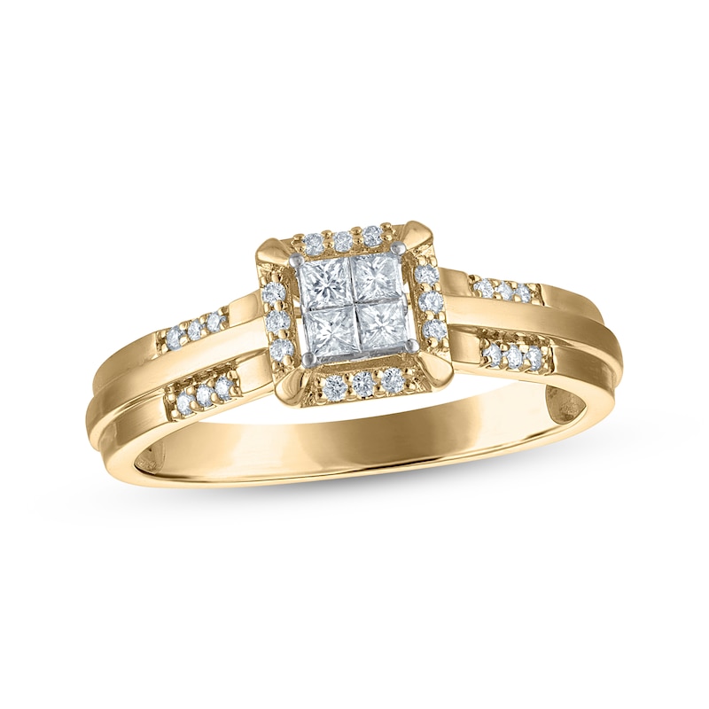 Main Image 1 of Adore Princess-Cut Quad Diamond Halo Engagement Ring Ring 1/5 ct tw 10K Yellow Gold