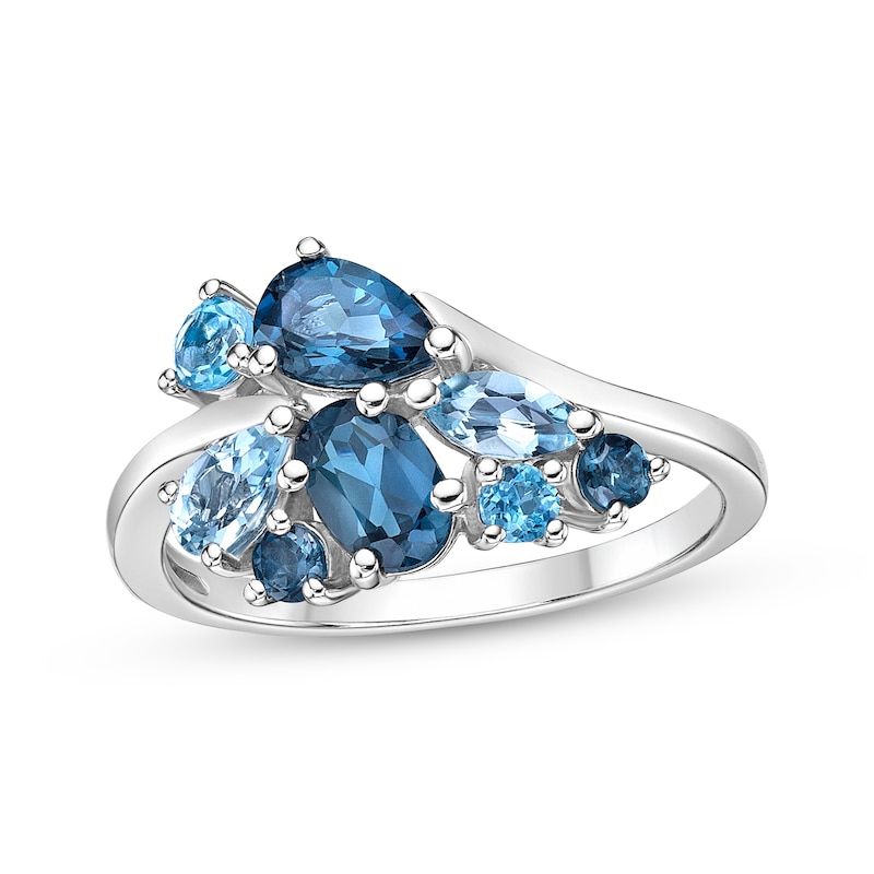 Multi-Shades Swiss, Sky & London Blue Topaz Cluster Ring Sterling Silver