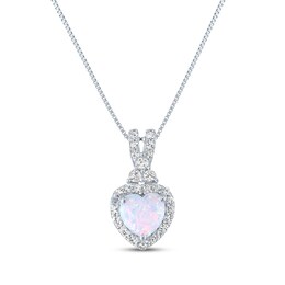 Heart-Shaped White Lab-Created Opal & Round-Cut White Lab-Created Sapphire Necklace Sterling Silver 18”