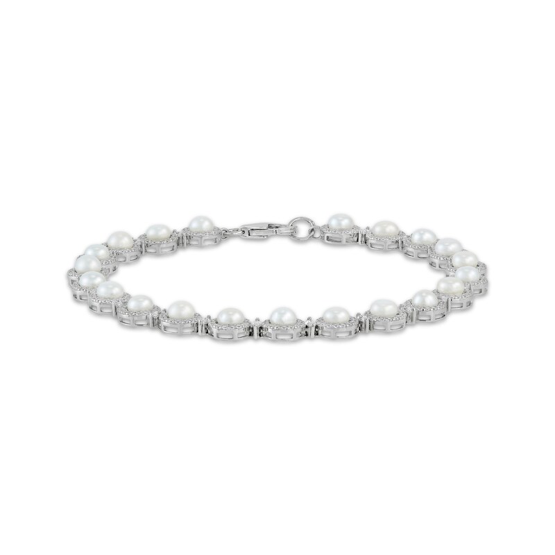 Main Image 1 of Cultured Pearl & White Lab-Created Sapphire Circle Link Bracelet Sterling Silver 7.5"