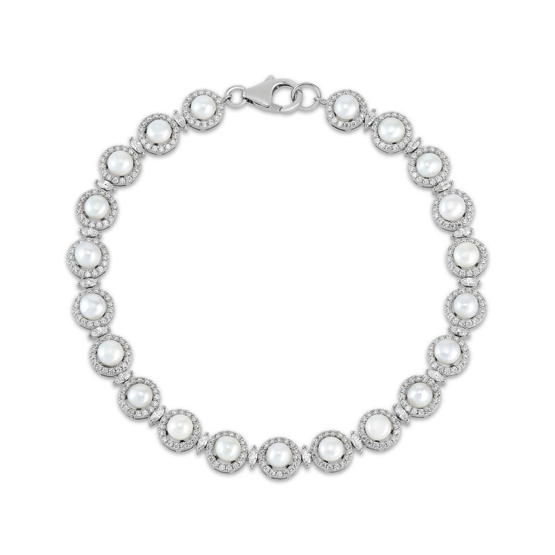 Main Image 2 of Cultured Pearl & White Lab-Created Sapphire Circle Link Bracelet Sterling Silver 7.5"