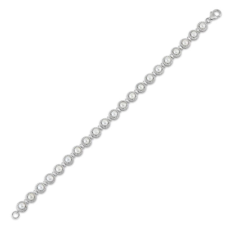 Main Image 3 of Cultured Pearl & White Lab-Created Sapphire Circle Link Bracelet Sterling Silver 7.5"