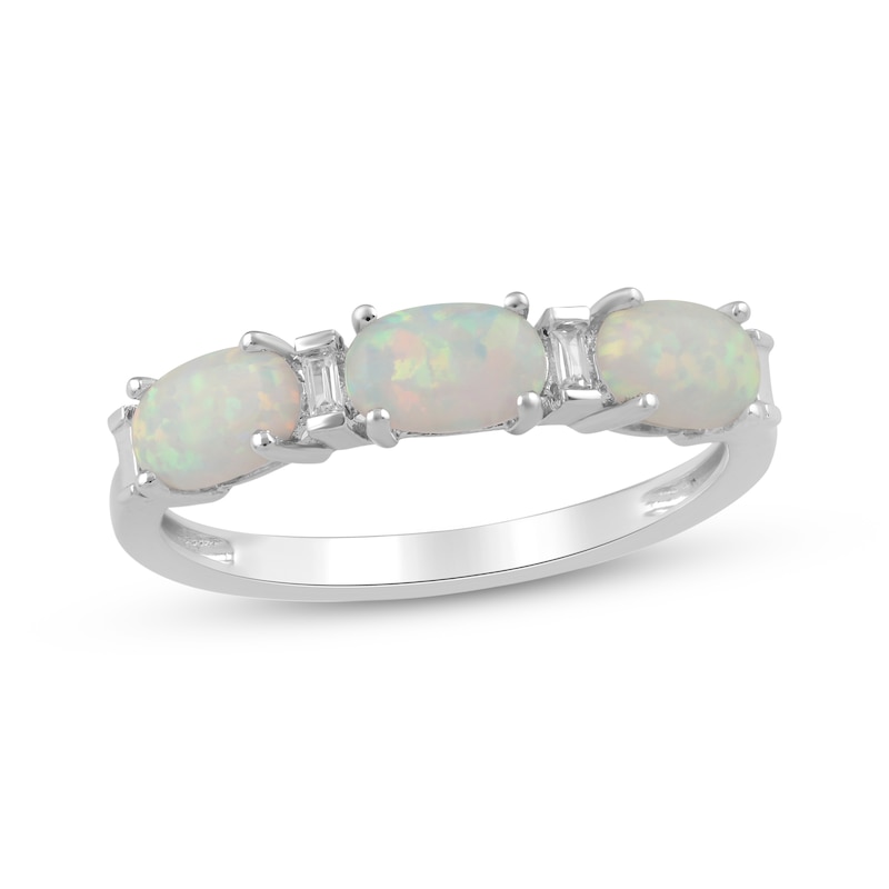 Oval-Cut Lab-Created Opal & Diamond Accent Three-Stone Ring Sterling ...