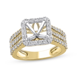 Adore Semi-Mount Square Halo Three-Row Engagement Ring Setting 1 ct tw Diamonds 14K Yellow Gold