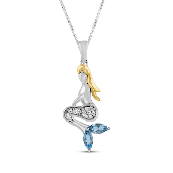 Marquise-Cut Swiss Blue Topaz & White Lab-Created Sapphire Mermaid Necklace Sterling Silver & 10K Yellow Gold 18"
