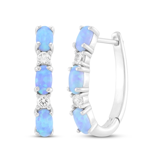 Oval-Cut Blue Lab-Created Opal & White Lab-Created Sapphire Hoop Earrings Sterling Silver