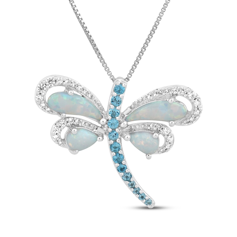 Main Image 1 of Lab-Created Opal, Swiss Blue Topaz & White Lab-Created Sapphire Dragonfly Necklace Sterling Silver 18"