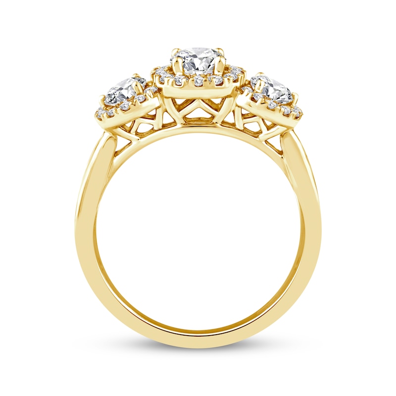 Main Image 3 of Memories Moments Magic Round-Cut Diamond Three-Stone Halo Engagement Ring 1-1/2 ct tw 14K Yellow Gold