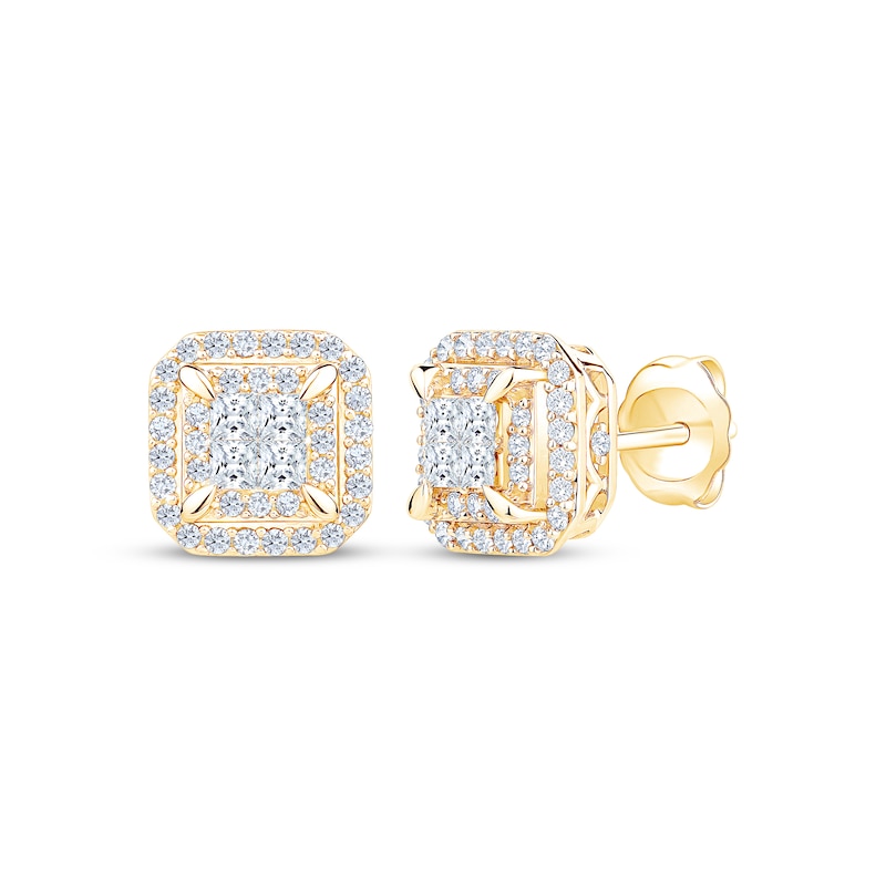 Main Image 1 of Princess-Cut Diamond Quad Cushion Halo Stud Earrings 3/4 ct tw 10K Yellow Gold