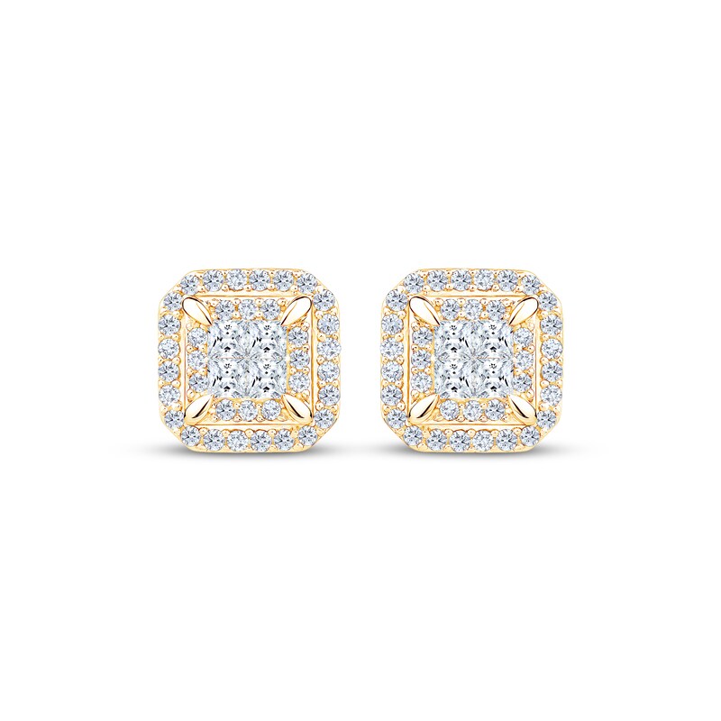 Main Image 2 of Princess-Cut Diamond Quad Cushion Halo Stud Earrings 3/4 ct tw 10K Yellow Gold