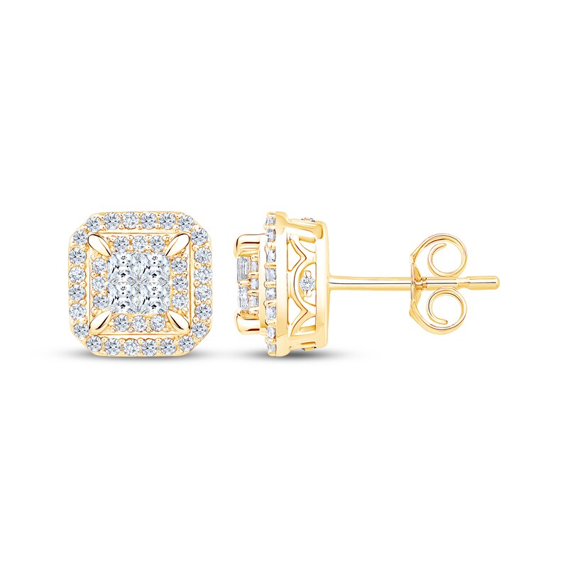 Main Image 3 of Princess-Cut Diamond Quad Cushion Halo Stud Earrings 3/4 ct tw 10K Yellow Gold