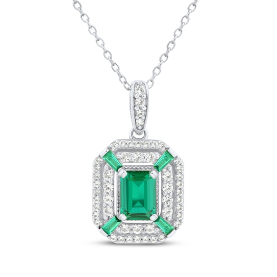 Emerald-Cut Lab-Created Emerald & White Lab-Created Sapphire Necklace Sterling Silver 18"