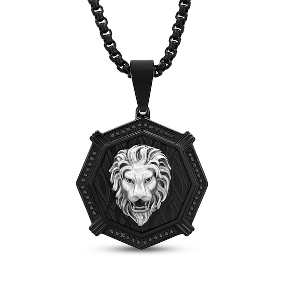 Men's Black Diamond Lion Head Octagon Necklace 1/2 ct tw Stainless Steel & Black Ion Plating 24"
