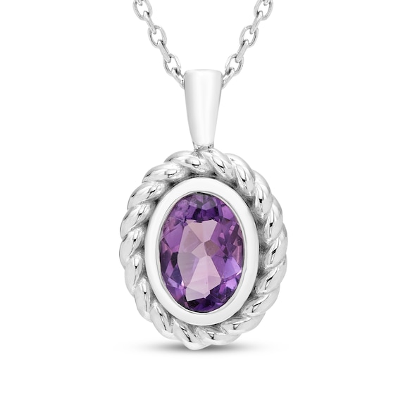 Oval-Cut Amethyst Solitaire Twist Frame Necklace Sterling Silver 18"