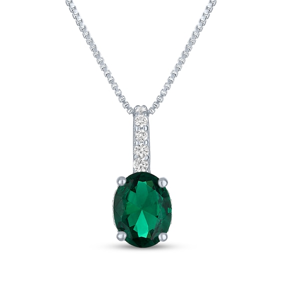 Oval-Cut Lab-Created Emerald & White Lab-Created Sapphire Drop Necklace Sterling Silver 18"