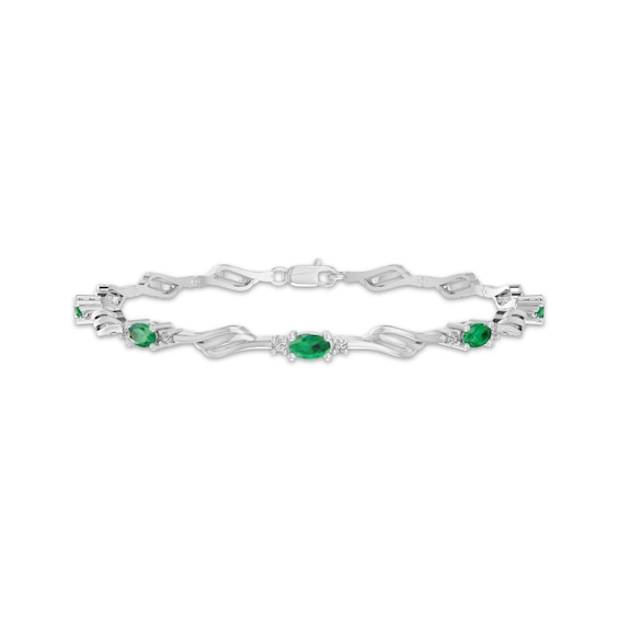 Oval-Cut Lab-Created Emerald & White Lab-Created Sapphire Bracelet Sterling Silver 7.25"