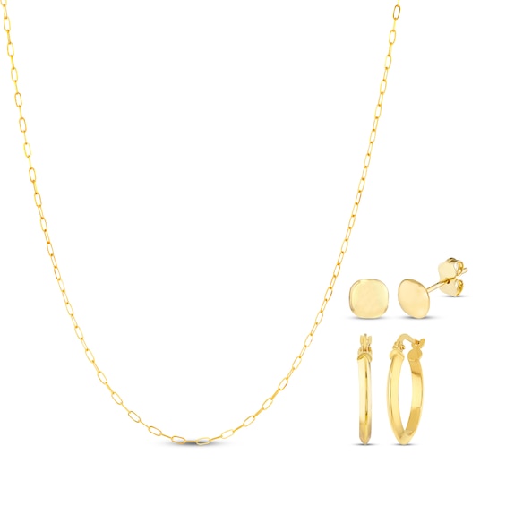Chain Necklace, Stud Earrings & Hoop Earrings Gift Set 14K Yellow Gold