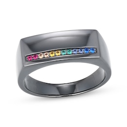 Men's Multicolor Lab-Created Gemstone Rectangle Ring Matte Gunmetal-Plated Sterling Silver