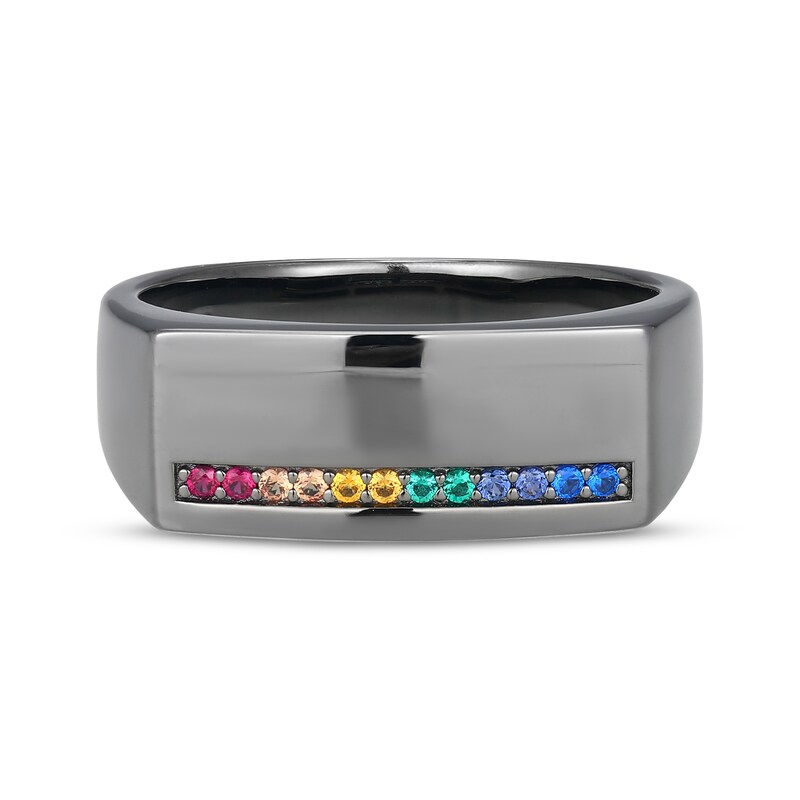 Main Image 3 of Men's Multicolor Lab-Created Gemstone Rectangle Ring Matte Gunmetal-Plated Sterling Silver