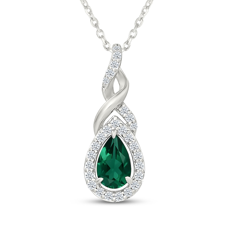 Main Image 1 of Pear-Shaped Lab-Created Emerald & White Lab-Created Sapphire Swirl Necklace Sterling Silver 18"