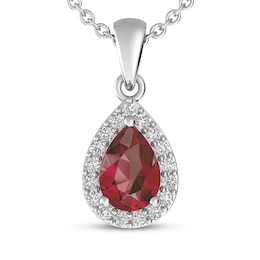 Pear-Shaped Lab-Created Ruby & White Lab-Created Sapphire Halo Necklace Sterling Silver 18"