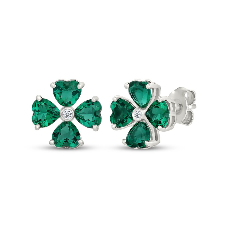 Main Image 1 of Heart-Shaped Lab-Created Emerald & White Lab-Created Sapphire Clover Earrings Sterling Silver