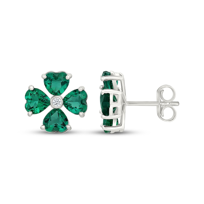 Main Image 3 of Heart-Shaped Lab-Created Emerald & White Lab-Created Sapphire Clover Earrings Sterling Silver
