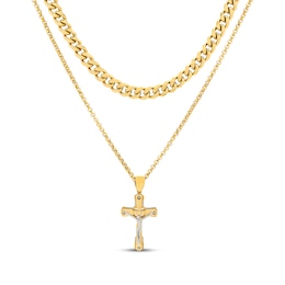 Men's Crucifix Necklace & Miami Cuban Curb Chain Box Set Yellow Ion-Plated Stainless Steel