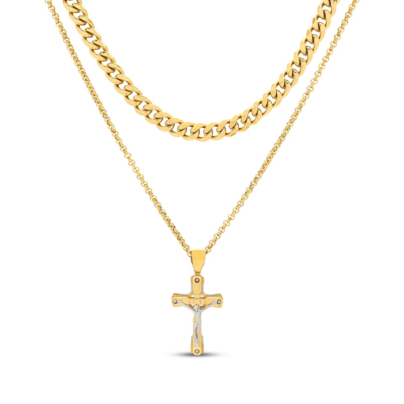 Main Image 1 of Men's Crucifix Necklace & Miami Cuban Curb Chain Box Set Yellow Ion-Plated Stainless Steel