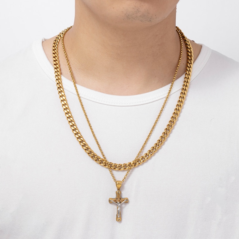 Main Image 2 of Men's Crucifix Necklace & Miami Cuban Curb Chain Box Set Yellow Ion-Plated Stainless Steel