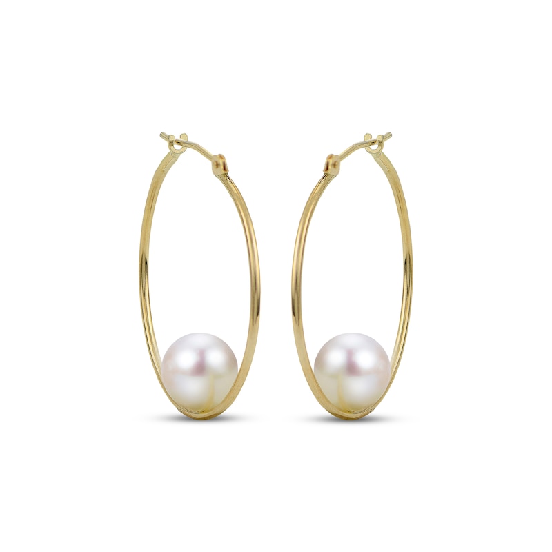 Main Image 2 of Cultured Pearl Hoop Earrings 10K Yellow Gold