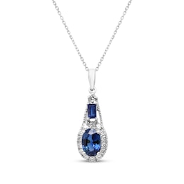 Oval & Baguette-Cut Natural Blue Sapphire & Diamond Necklace 1/8 ct tw 10K White Gold 18"