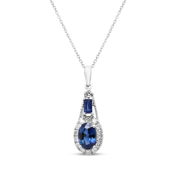 Oval & Baguette-Cut Natural Blue Sapphire & Diamond Necklace 1/8 ct tw 10K White Gold 18"