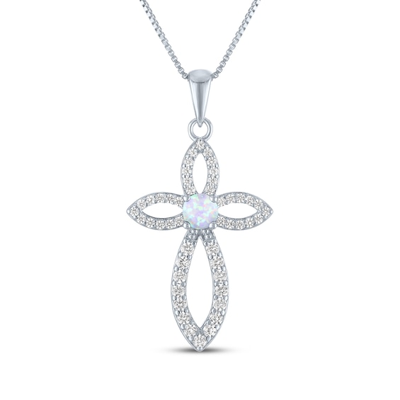 Lab-Created Opal & White Lab-Created Sapphire Cross Necklace Sterling Silver 18"