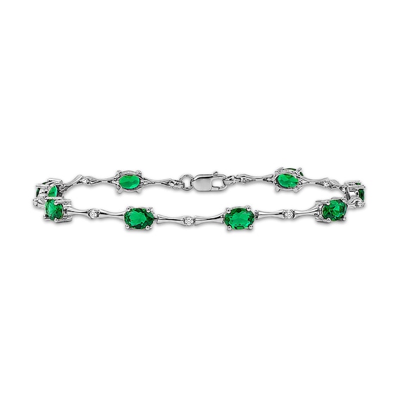 Oval-Cut Lab-Created Emerald & White Lab-Created Sapphire Bamboo Link Bracelet Sterling Silver 7.5"