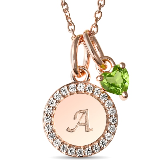 Heart Birthstone and White Lab-Created Sapphire Disc Necklace (1 Stone and 1 Initial)